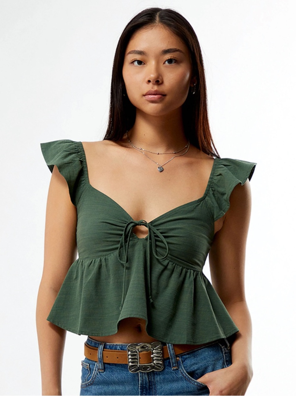 LA Hearts Keyhole Linen Babydoll Top Olive Green